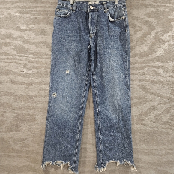 We The Free Denim - We The Free SZ 26 Buttonfly Raw Hem Distressed Mid Rise Cropped Blue Jeans Denim